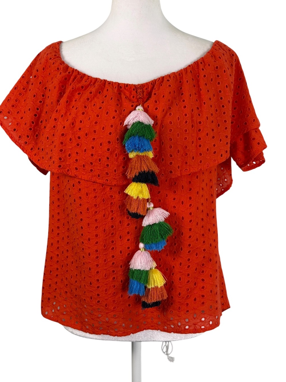 Tru Self Orange-Red Eyelet Off Shoulder Tassel Blouse Medium Boho Resort Top - Picture 2 of 11